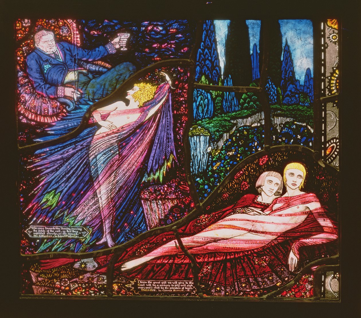 A Genfi ablak Mr Gilhooley-t ábrázolja Liam OFlahertytől és Deirdre-t George Russelltől, 1929 alkotó: Harry Clarke