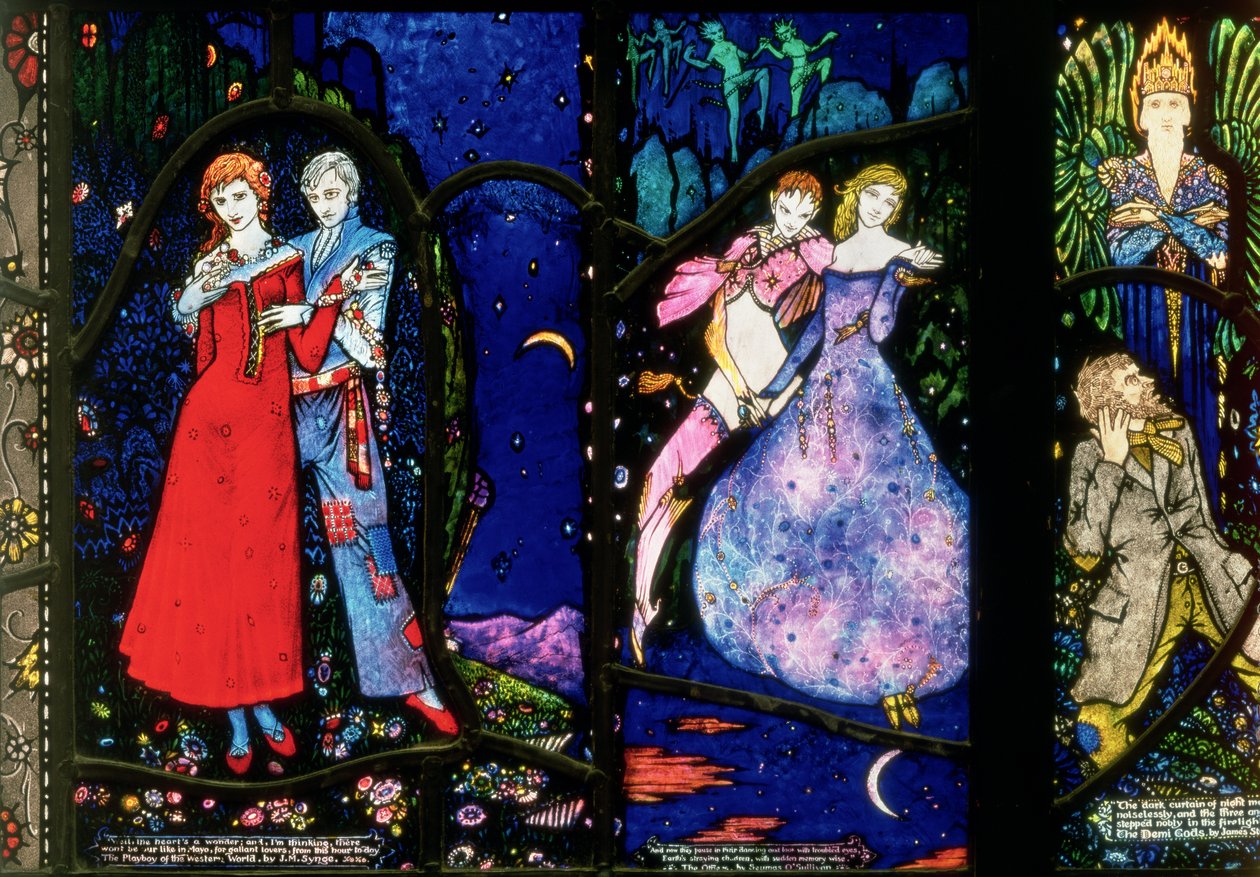 A Genfi ablak, amely J. M. Synge A nyugati világ Playboyját, Seamus OSullivan Álmodozóit és James Stephens A Demi isteneket ábrázolja, 1929 alkotó: Harry Clarke
