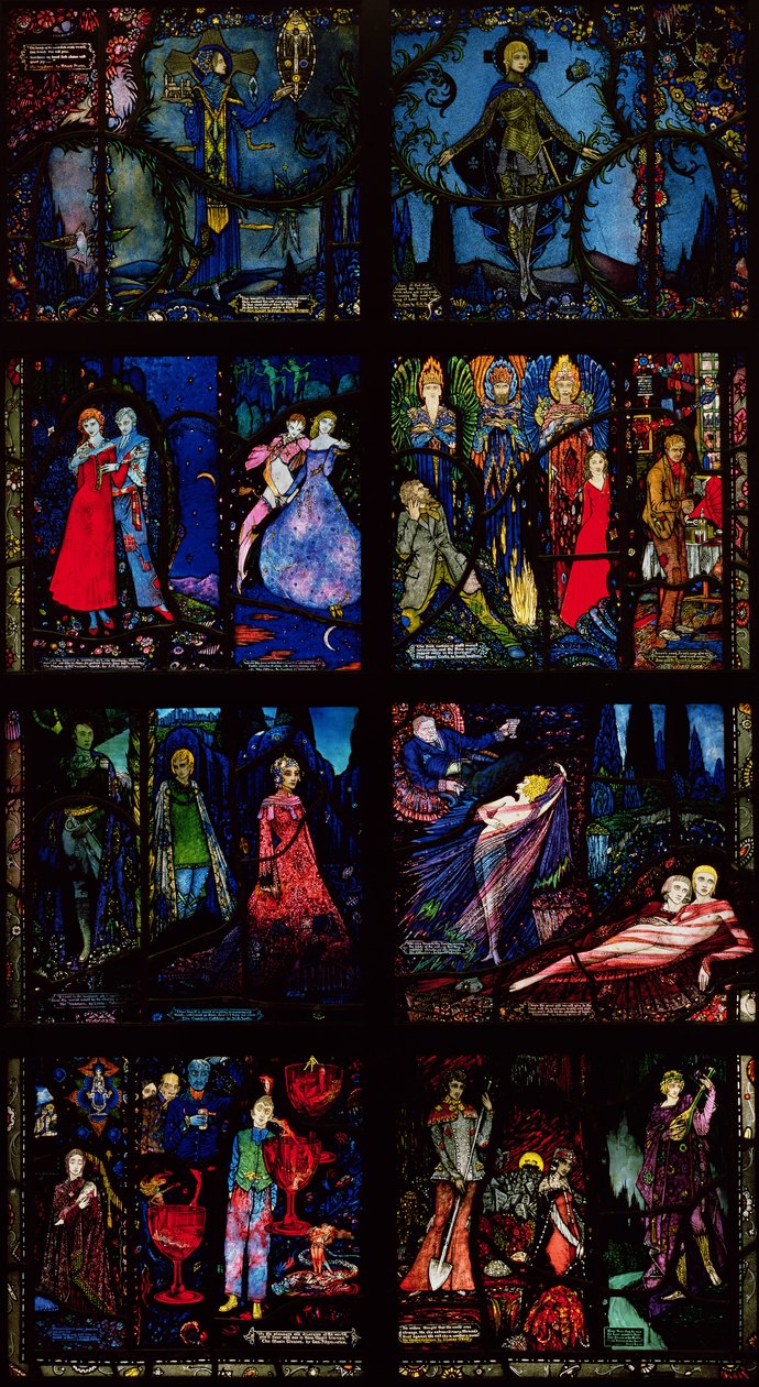 A Genfi ablak, nyolc tábla a korai ír irodalom jeleneteit ábrázolja, 1929 alkotó: Harry Clarke