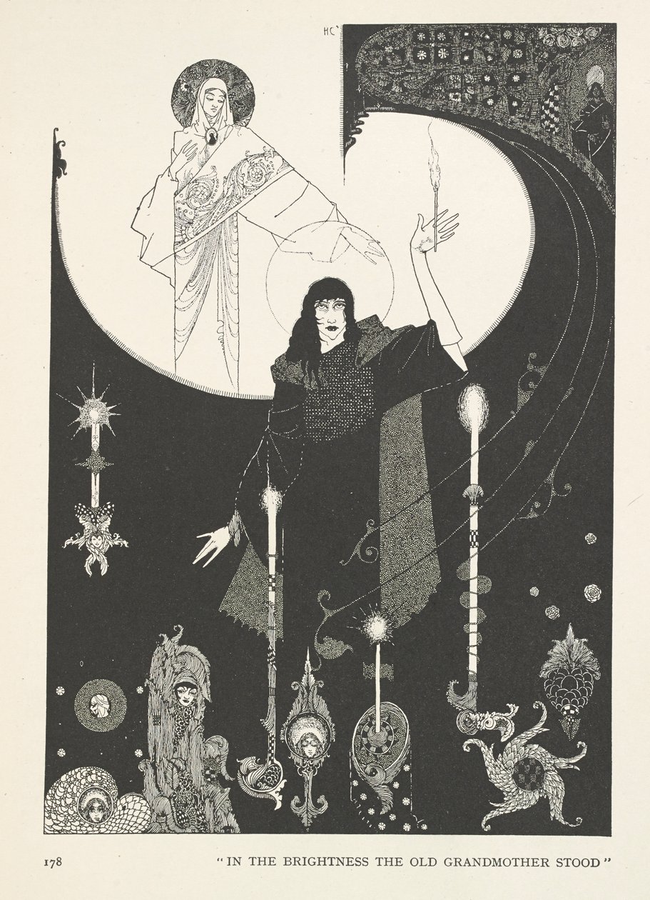 A gyufa kislány. A fényességben az öreg nagymama állt. alkotó: Harry Clarke