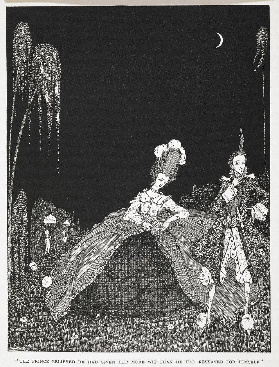 – A herceg azt hitte, hogy több eszét adott neki, mint amennyit magának fenntartott. Illusztráció a történethez: „Riquet with the tint”. alkotó: Harry Clarke