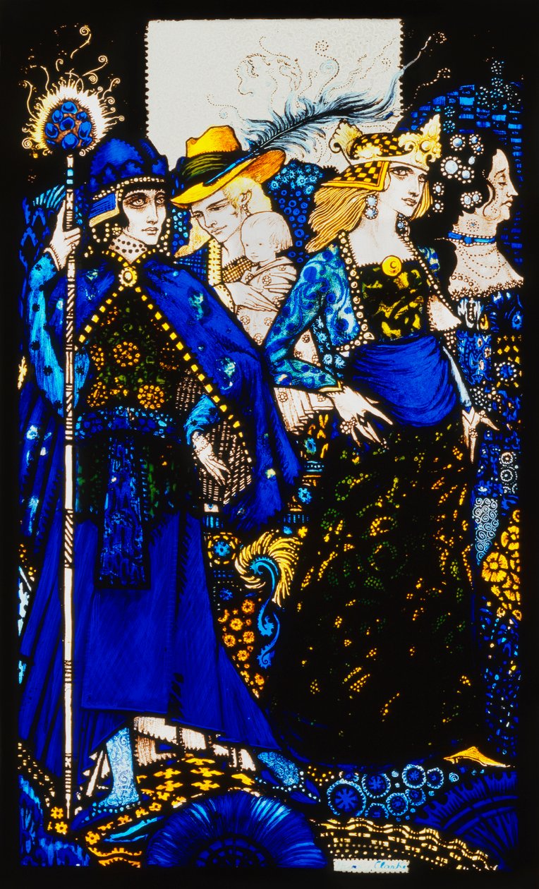 The Queens of Sheba, Meath és Connaught". "Queens", kilenc üvegtábla savanyítva, foltos és festett, J. M. Synge költeményét illusztrálva, 1917 alkotó: Harry Clarke