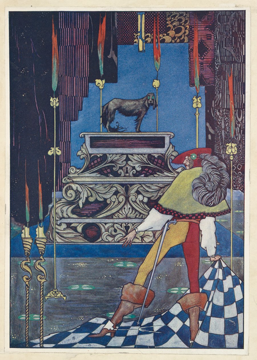 A Tinder Box Ott ült a kutya olyan szemekkel, mint a teáscsészék. alkotó: Harry Clarke
