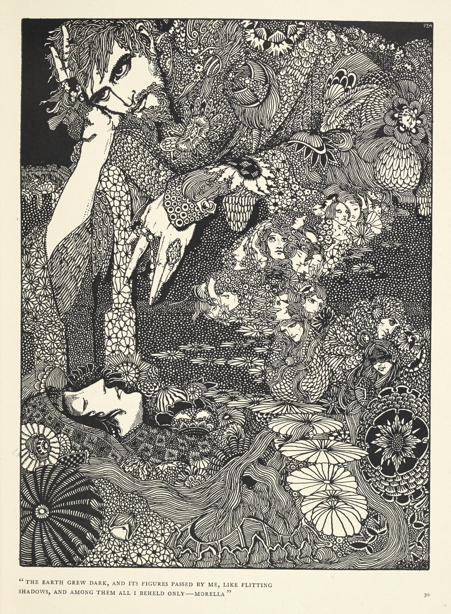 „A föld elsötétült, és alakjai elhaladtak mellettem, mint röpködő árnyékok... Morella.” Illusztráció a „Morella” című történethez. alkotó: Harry Clarke