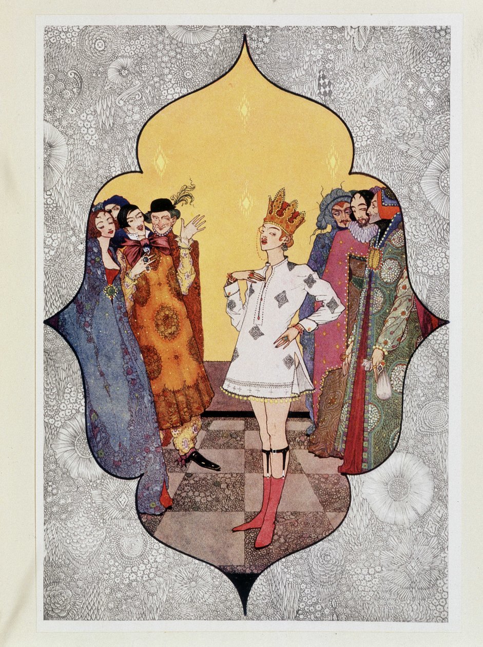 A császár új ruhái: "" Ó, milyen jól néznek ki! Milyen kapitálisan illeszkednek”” - Hans Christian Andersen „” Tündérmesék”-ben, ill. írta: Harry Clarke alkotó: Harry Clarke