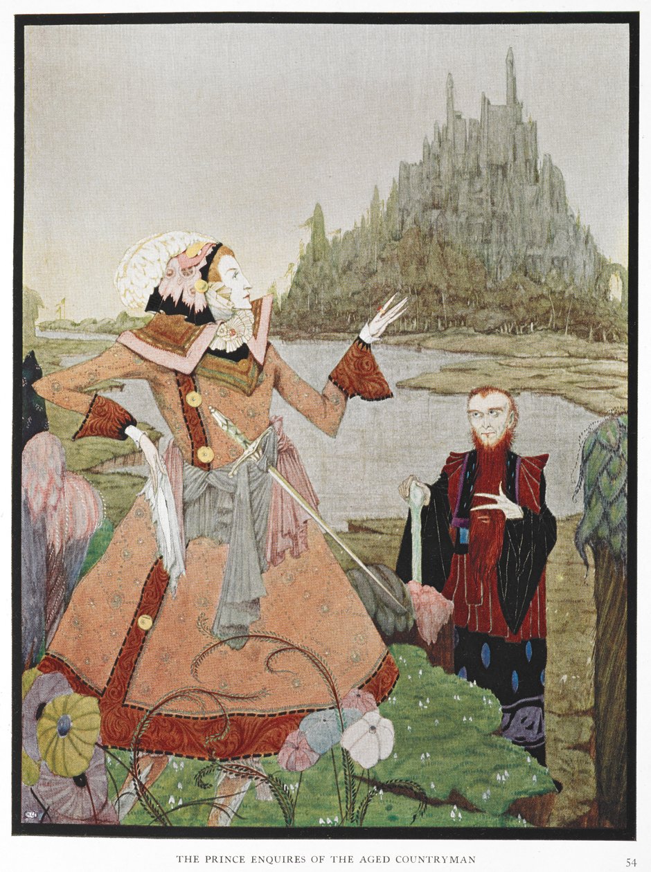 – A herceg érdeklődik az idős honfitárstól. Illusztráció az "alvó szépség" című történethez. alkotó: Harry Clarke