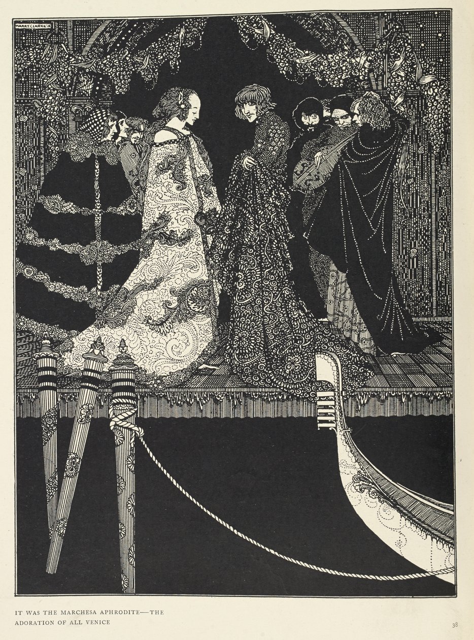 „Ez volt a Marchesa Aphrodité – egész Velence imádata”. Illusztráció a „kiosztás” című történethez. alkotó: Harry Clarke