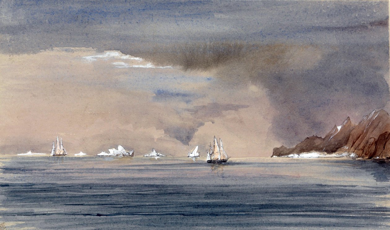 Jéghegyek a Horn-foknál (Chile), a HMS Tribune sziluettjével. Harry Edmund Edgell (1809-1876) ellentengernagy festménye, akvarell 1856. alkotó: Harry Edmond Edgell