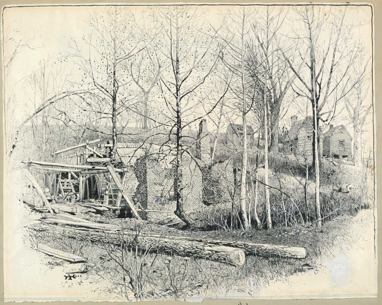 Rajz, Gaines malmának jelenlegi képe, kelet felé nézve, 1885 alkotó: Harry Fenn