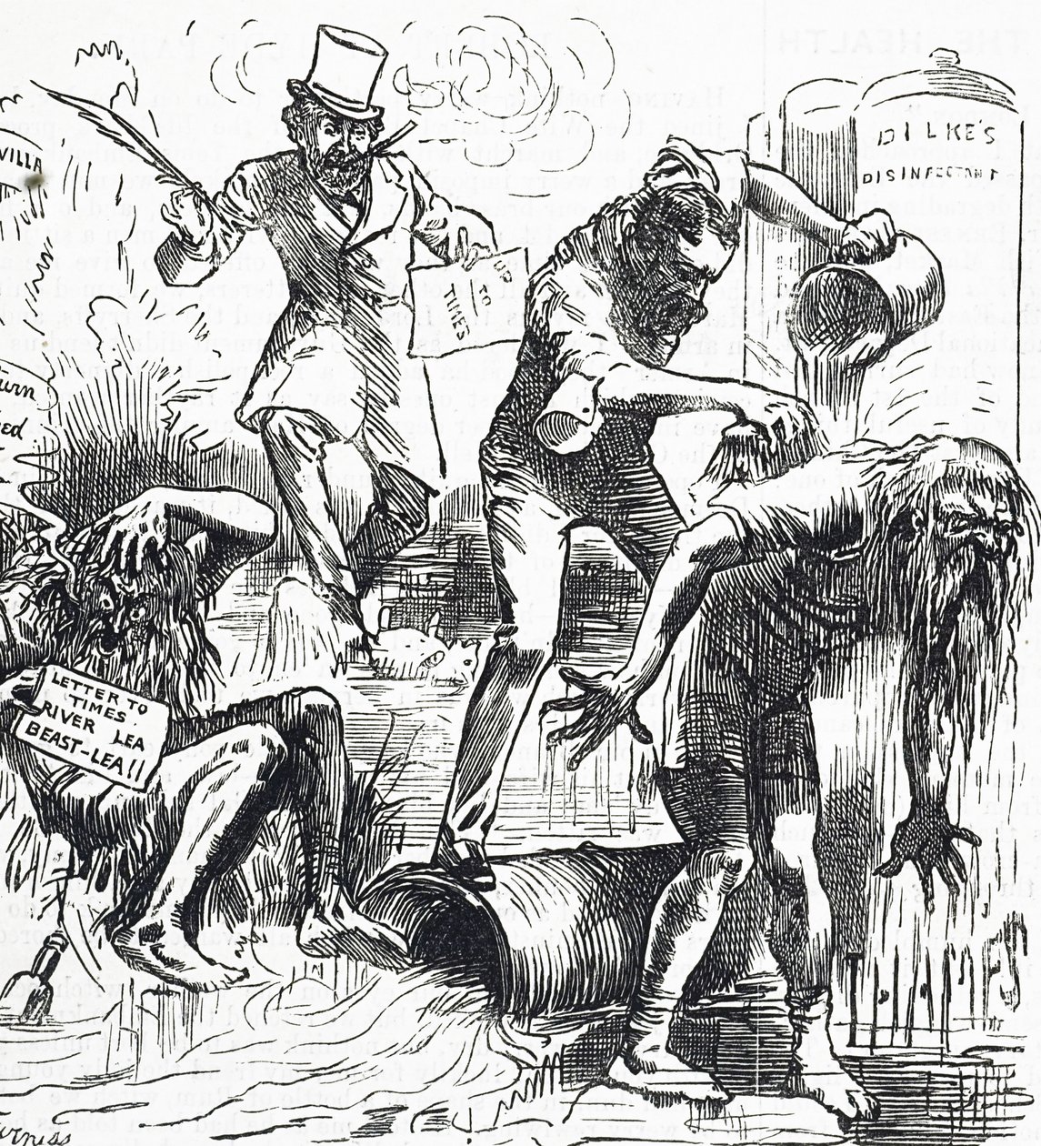 Karikatúra, amely a Temzét és a Lea folyót ábrázolja, amint megtámadják koszos állapotuk miatt alkotó: Harry Furniss