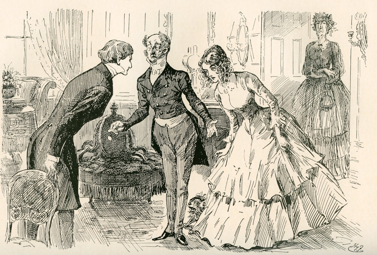 David találkozik Dorával és Miss Murdstone-nal. "Mr. Copperfield, Dora lányom és Dora lányom bizalmas barátja, Miss Murdstone!". Harry Furniss illusztrációja Charles Dickens David Copperfield-regényéhez, a The Testimonial Editionból, 19. alkotó: Harry Furniss