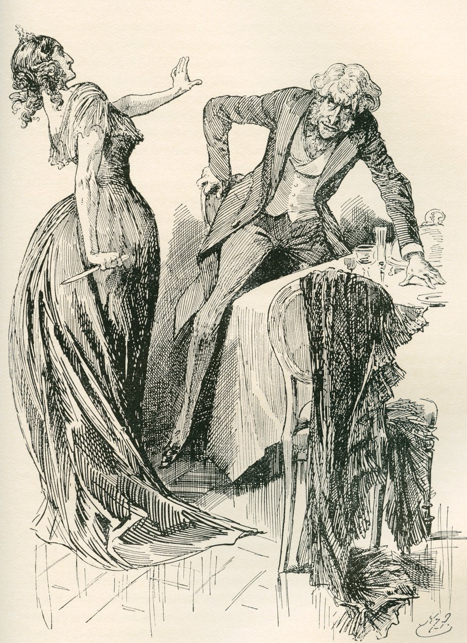 Edith és Mr. Carker. "A férfi vidáman közeledett feléje, amikor a nő egy pillanat alatt felkapta a kést az asztalról, és egy lépést hátrafelé indult. "Állj meg, különben megöllek!" Harry Furniss illusztrációja a Charles Dickens-regény alkotó: Harry Furniss