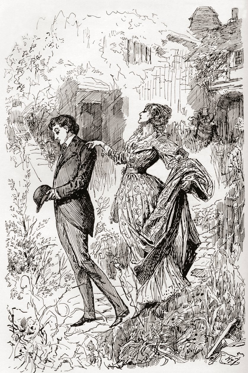 Estella és Pip Miss Havisham kertjében. " alkotó: Harry Furniss