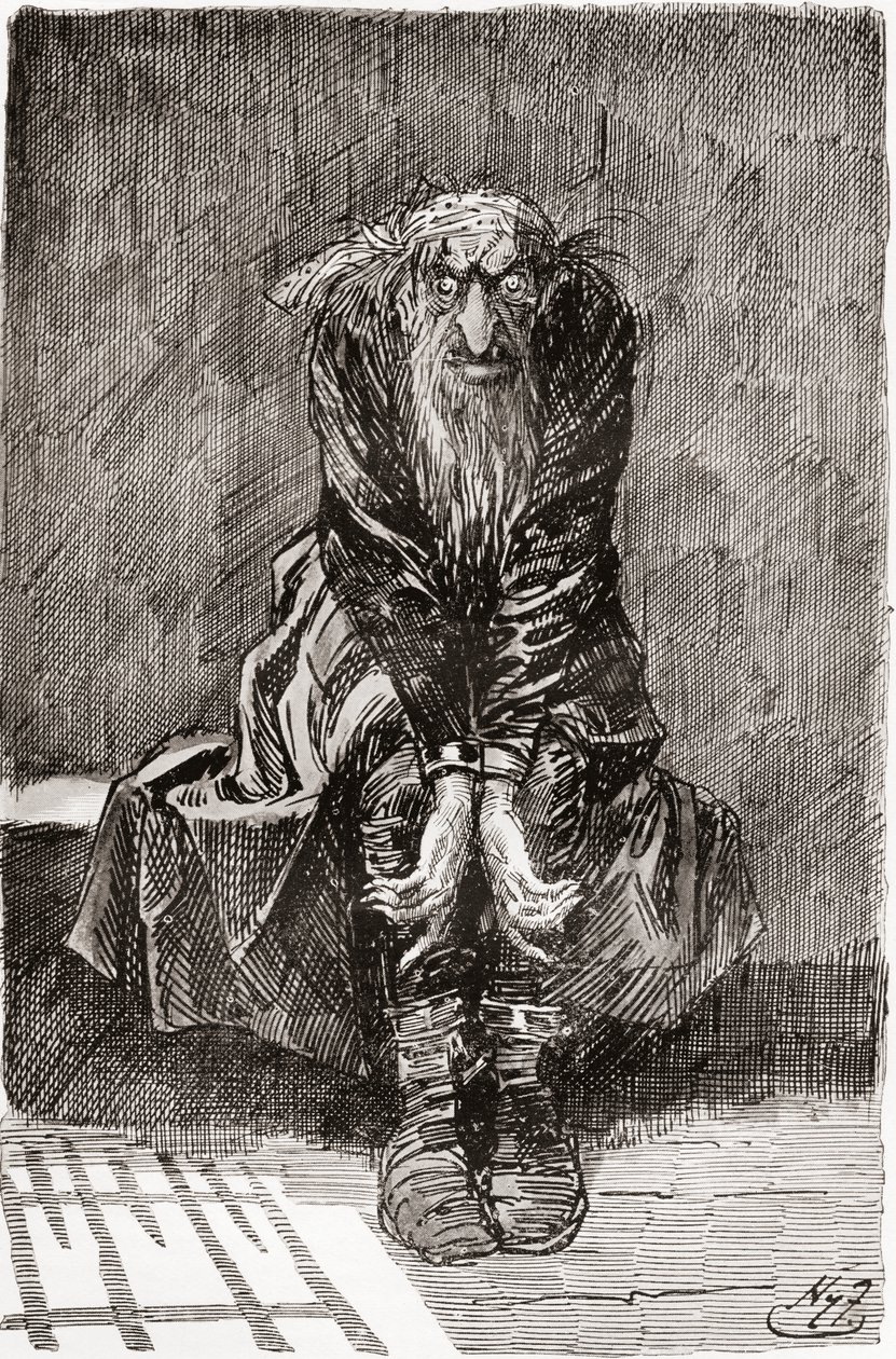 Fagin az elítélt cellában. "Leült egy kőpadra, szemben az ajtóval, amely székként és ágyként szolgált, és véreres szemét a földre vetette, és megpróbálta összeszedni a gondolatait." Harry Furniss illusztrációja a Charles Dickens-regényhez alkotó: Harry Furniss