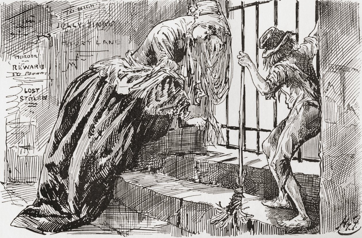 Lady Dedlock és Jo. – Odarakták – mondja Jo, a rácsokhoz kapaszkodva benéz, miközben Lady Dedlock összehúzódik a sarokba. Harry Furniss illusztrációja Charles Dickens Bleak House című regényéhez, a The Testimonial Editionból, 1910-ben. alkotó: Harry Furniss