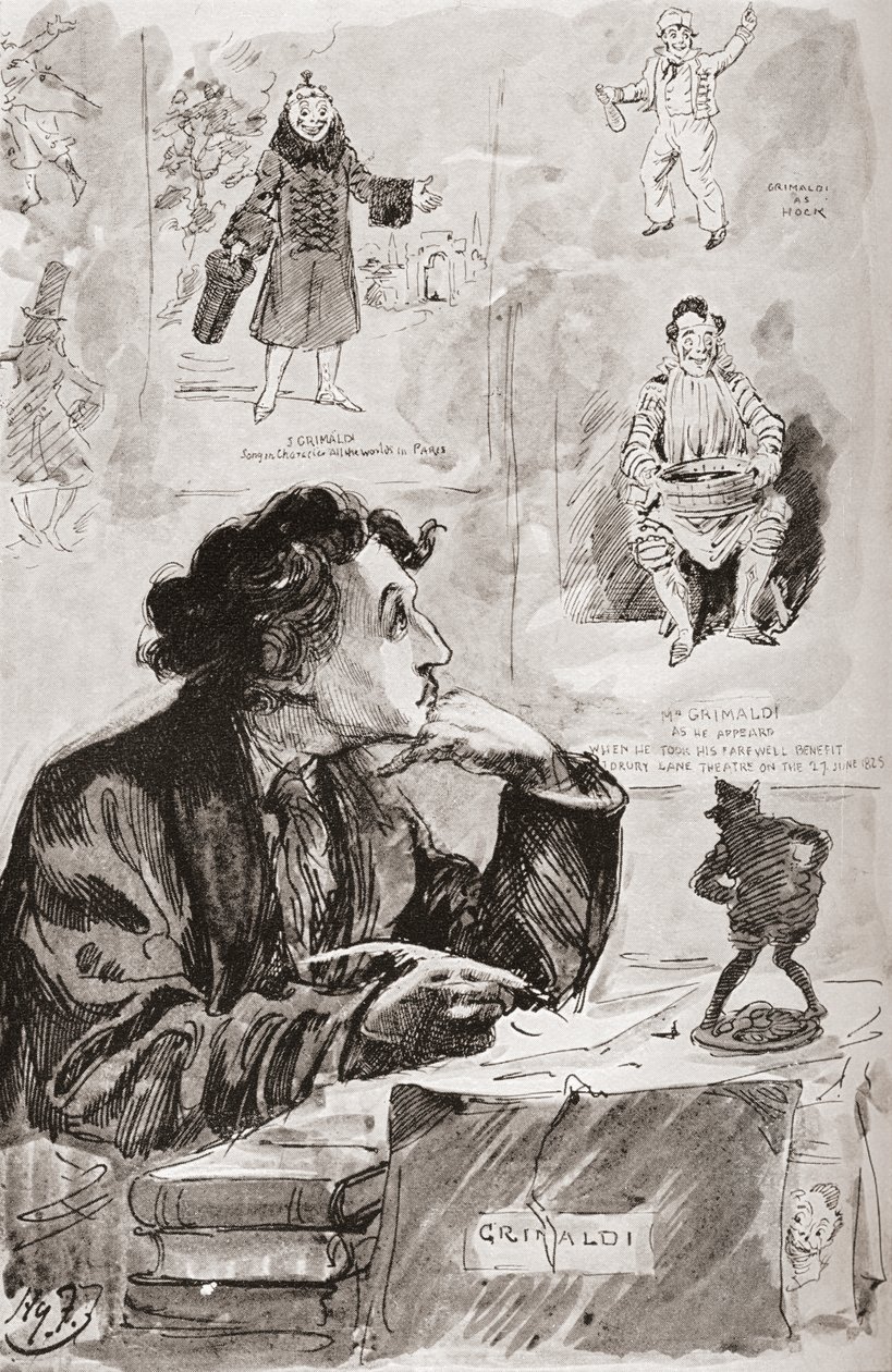 Grimaldi emlékei. Harry Furniss illusztrációja Charles Dickens Joseph Grimaldi emlékei című regényéhez, az 1910-ben megjelent The Testimonial Editionból. alkotó: Harry Furniss