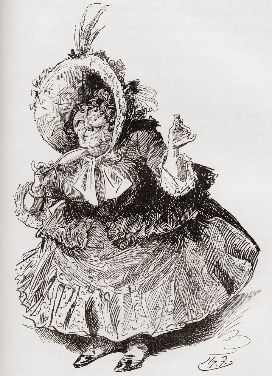 Mowcher kisasszony. Harry Furniss illusztrációja Charles Dickens David Copperfield című regényéhez, a The Testimonial Editionból, 1910-ben. alkotó: Harry Furniss