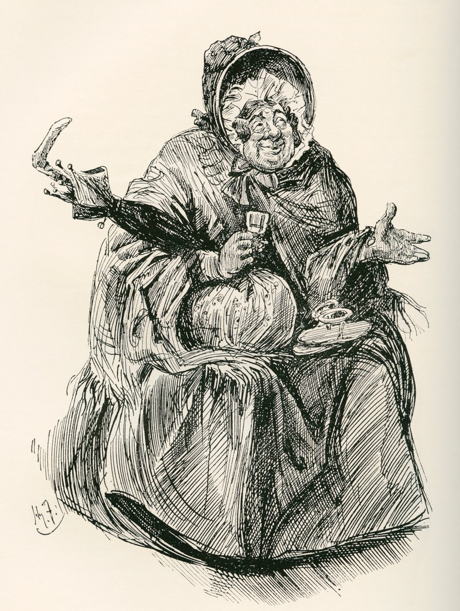 Mrs. Gamp. Harry Furniss illusztrációja Charles Dickens Martin Chuzzlewit című regényéhez, a The Testimonial Editionból, 1910-ben. alkotó: Harry Furniss