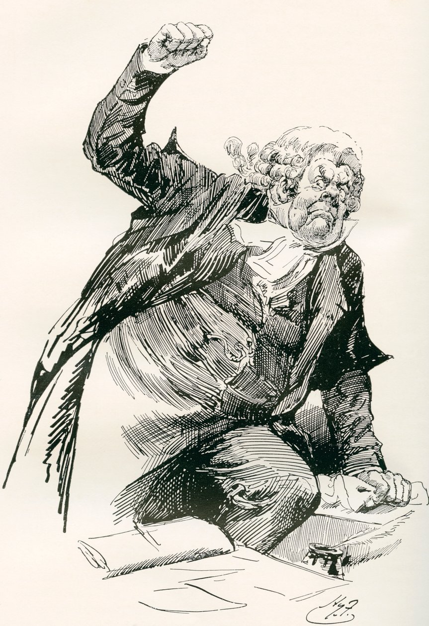 Buzfuz őrmester. Harry Furniss illusztrációja Charles Dickens Pickwick-papírok című regényéhez, a The Testimonial Editionból, 1910-ben. alkotó: Harry Furniss