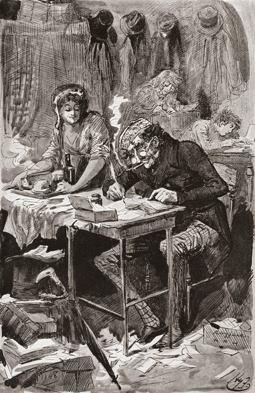 A kolduló levél írója. Harry Furniss illusztrációja Charles Dickens Great Expectations című regényéhez, az 1910-ben megjelent The Testimonial Editionból. alkotó: Harry Furniss