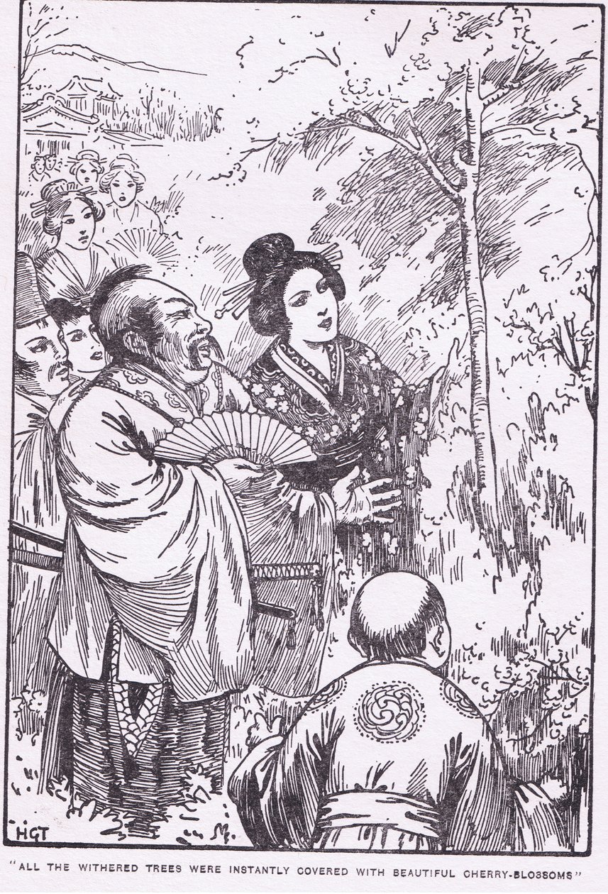 Az összes kiszáradt fát azonnal gyönyörű cseresznyevirágzás borította be (Az öregember, aki virágba borította a kiszáradt fákat) (litho). alkotó: Harry George Theaker