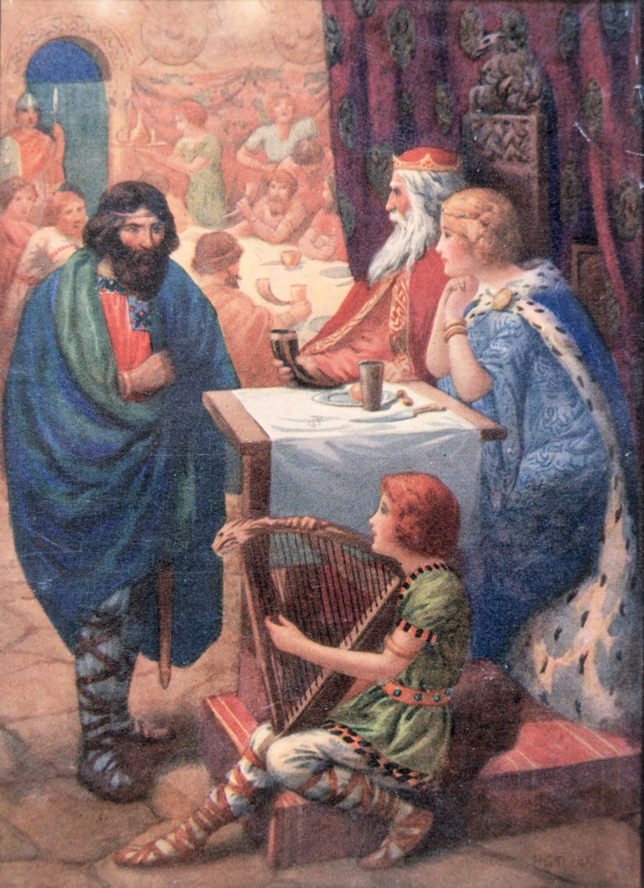 Bankettjelenet, a Raphael Tuck által kiadott "Gyermekmesék az északi legendákból" című kötetből (színes litográfia). alkotó: Harry George Theaker