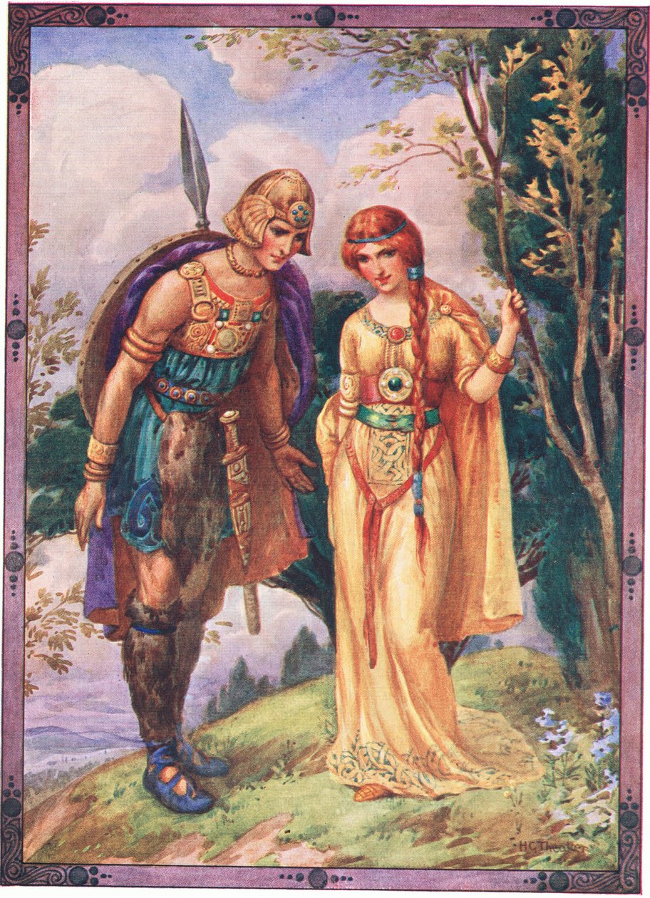 "Engedd meg, hogy a kérőd legyek" (a Dyfed hercegéből) (színes litográfia) alkotó: Harry George Theaker