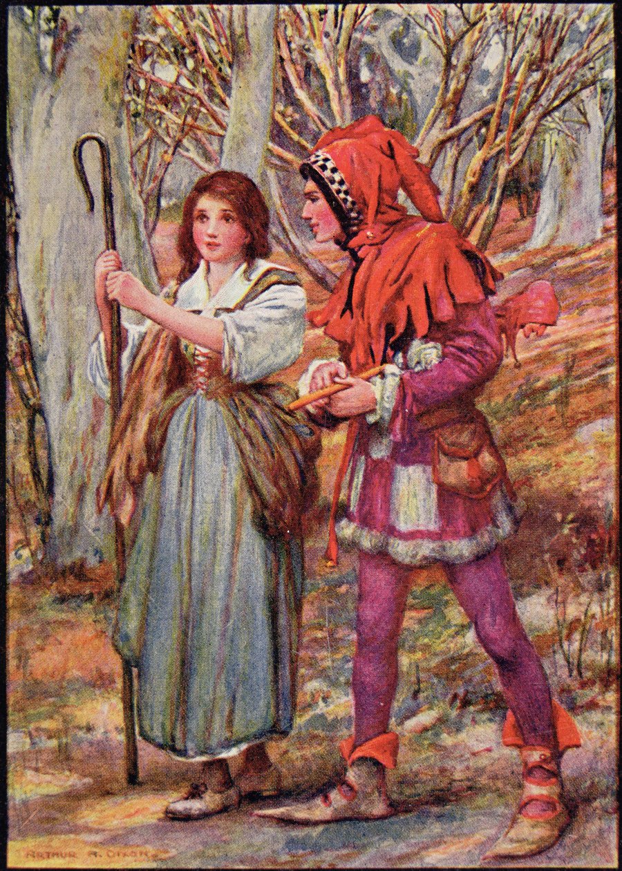 Hladgrun, Olrun és Alvit, a Raphael Tuck által írt "Wayland, a kovács" című kötetből (színes litográfia). alkotó: Harry George Theaker
