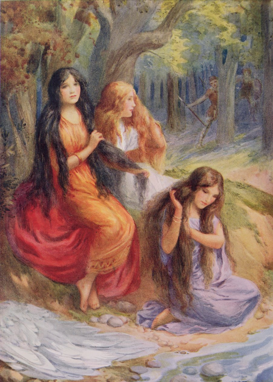 Hladgrun, Olrun és Alvit, illusztráció a "The Wayland Smith" című könyvből, amelyet Raphael Tuck "Northern Legends" című könyvében illusztrált (színes litográfia). alkotó: Harry George Theaker