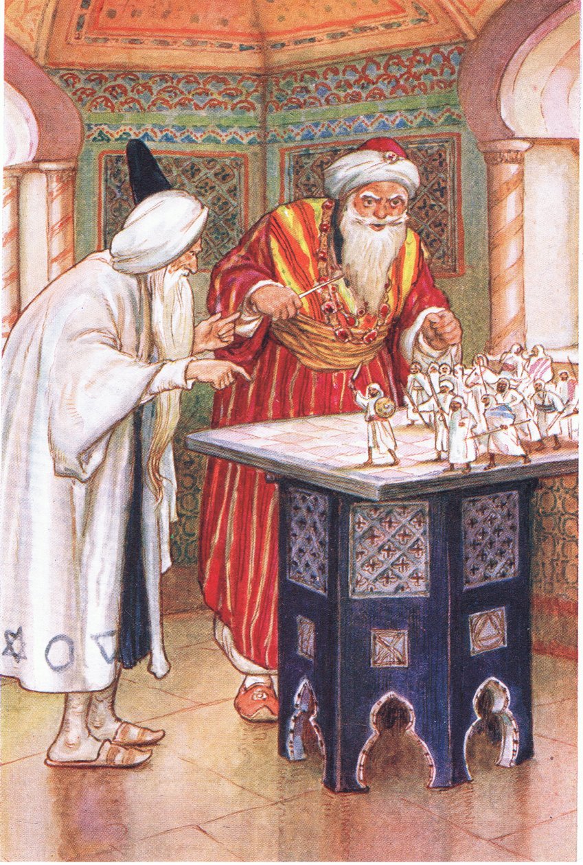 Aben Kabuz király és az arab asztrológus (Az arab asztrológus című meséből), illusztráció az "Alhambrai mesék"-ből, 1940 körül (színes litográfia). alkotó: Harry George Theaker
