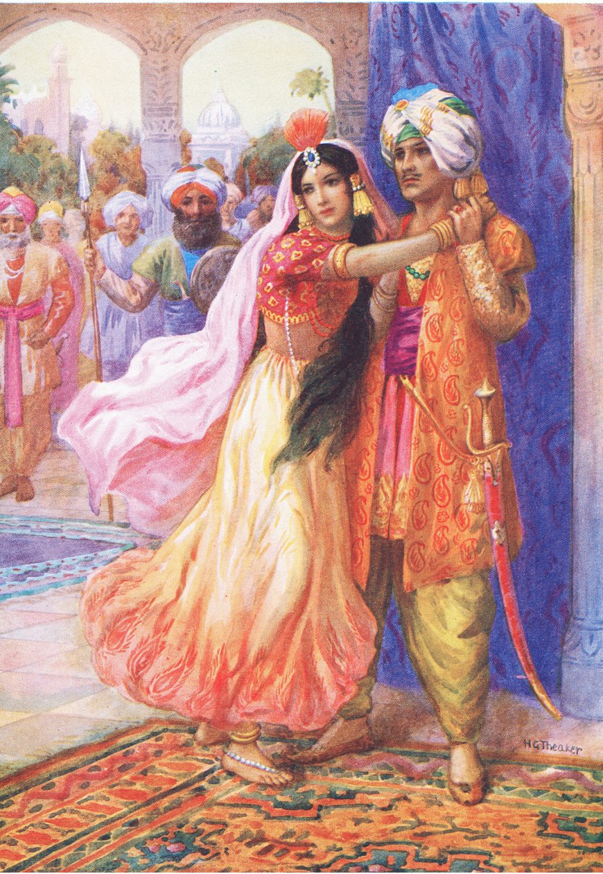 "Hadd osztozzam száműzetésedben". , illusztráció a "Childrens Stories from Indian Legends" című könyvből, 1930-as évek (színes litográfia). alkotó: Harry George Theaker