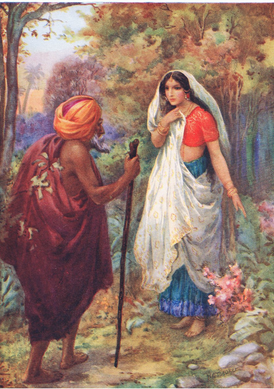 "Pihenhetek egy kicsit ezen a kellemes helyen. Ráma és Szítá kalandjaiból, illusztráció a "Childrens Stories from Indian Legends" című kötetből, 1930-as évek (színes litográfia). alkotó: Harry George Theaker