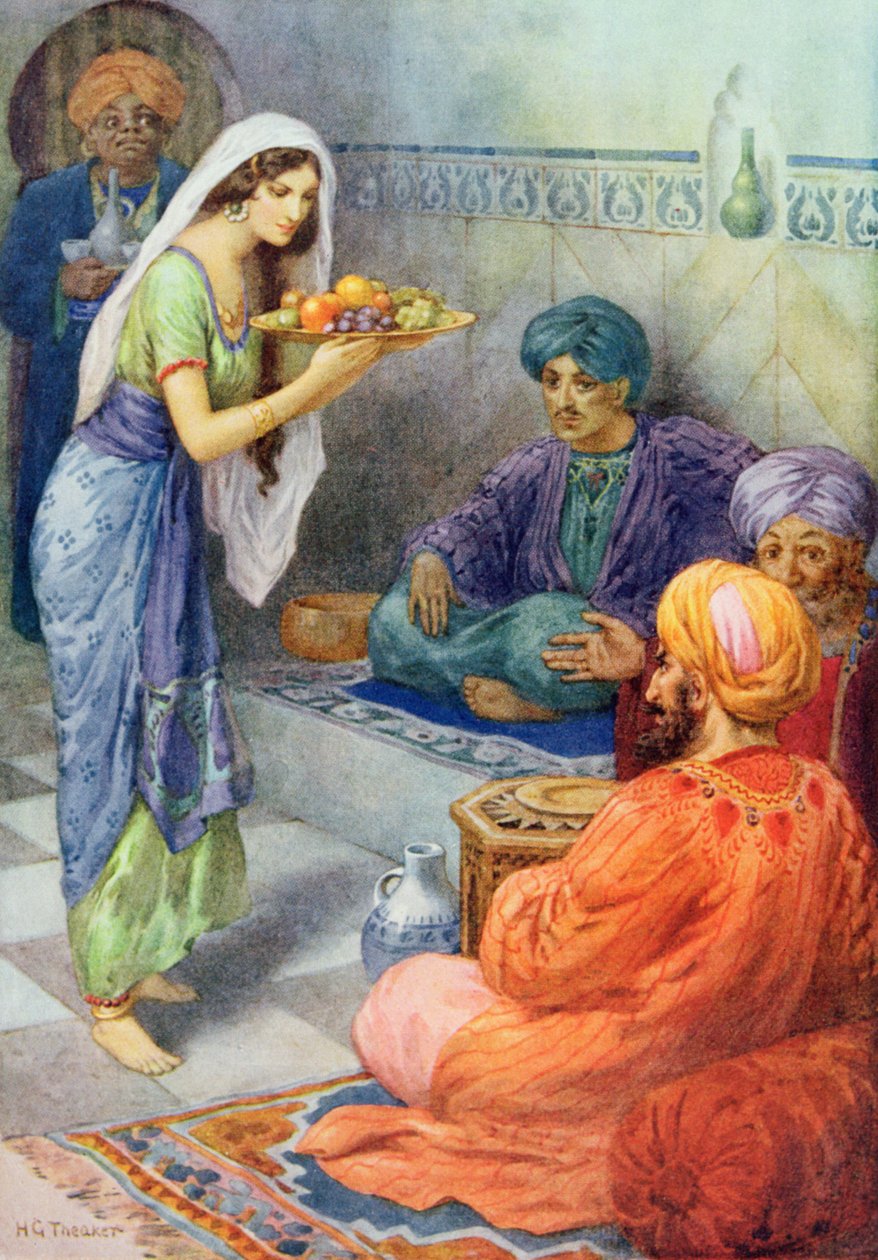 Morgiana vár a vendégre, illusztráció a "Gyermekmesék az Ezeregyéjszaka történeteiből", Rose Yeatman Woolf, 1920 körül (színes litográfia). alkotó: Harry George Theaker