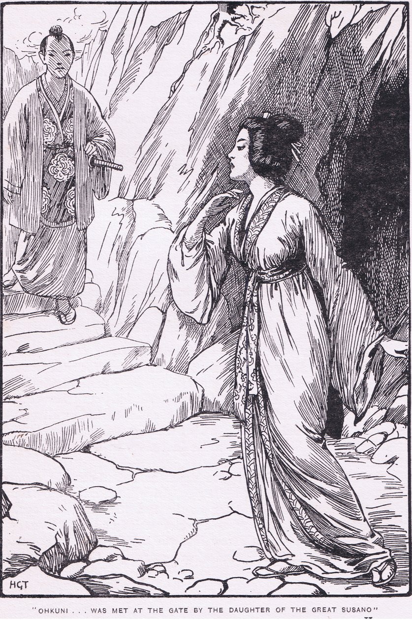 Okhunit a kapunál a nagy Susano lánya fogadta (Susano és Ohkuni) (litho) alkotó: Harry George Theaker