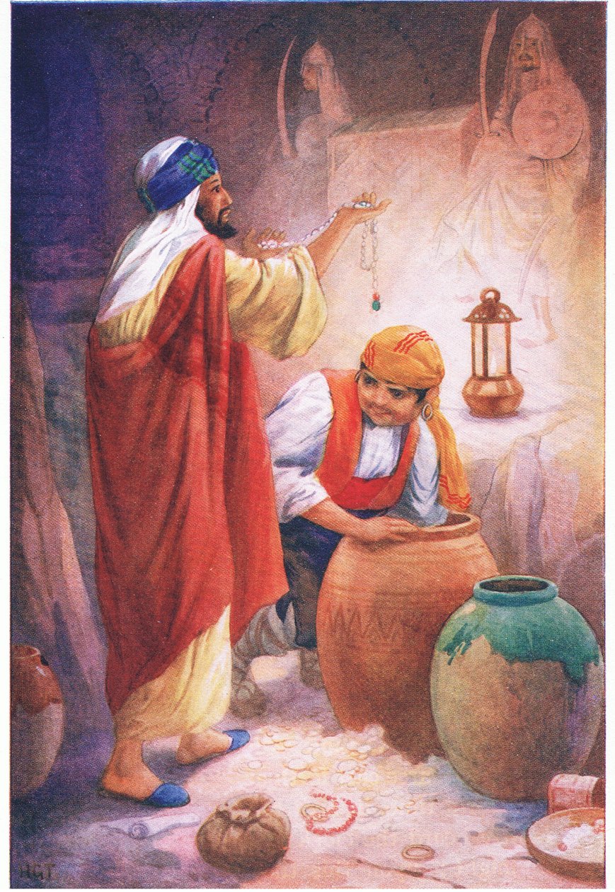 Peregil, a Gallego és a mór (A mór öröksége című történetből), illusztráció az "Alhambrai mesék"-ből, 1940 körül (színes litográfia). alkotó: Harry George Theaker