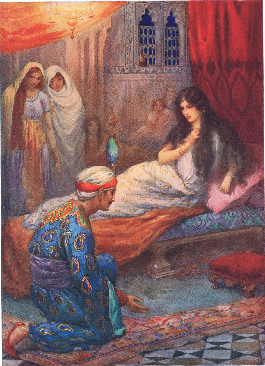 Feroze-Shah herceg felébreszti a gyönyörű hercegnőt, illusztráció a "Gyermekmesék az Ezeregyéjszaka történeteiből", Rose Yeatman Woolf, 1920 körül (színes litográfia). alkotó: Harry George Theaker