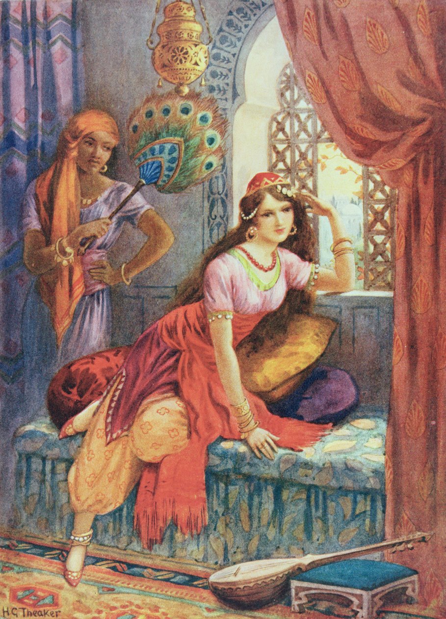 Szindbád menyasszonya, illusztráció a "Gyermekmesék az Ezeregyéjszaka történeteiből" című könyvből, készítette Rose Yeatman Woolf, 1920 körül (színes litográfia). alkotó: Harry George Theaker