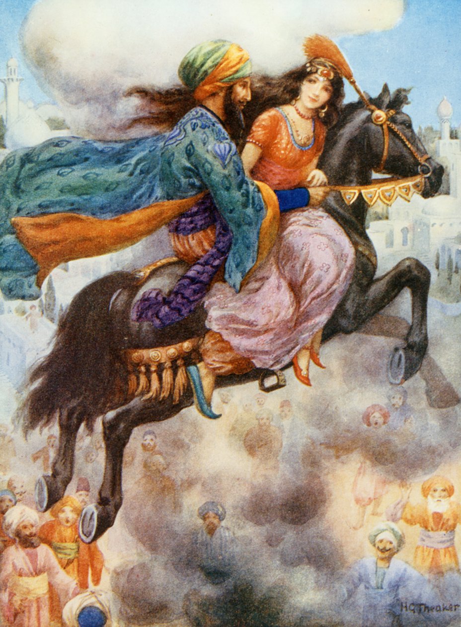 A hercegnő visszatér Perzsiába, illusztráció a "Gyermekmesék az Ezeregyéjszaka történeteiből" című könyvből, Rose Yeatman Woolf, 1920 körül (színes litográfia). alkotó: Harry George Theaker
