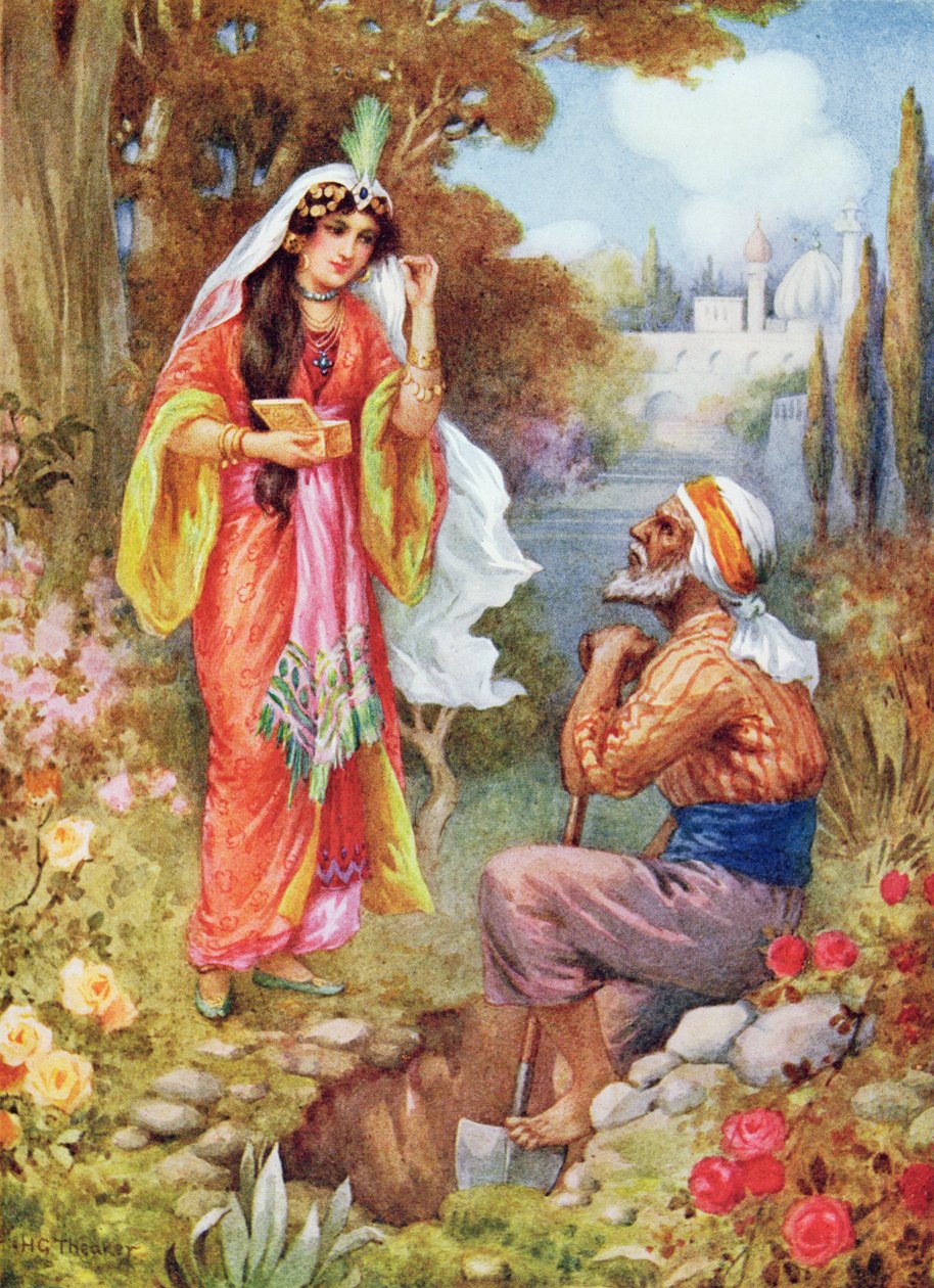 A hercegnő és a gyöngyök, illusztráció a "Gyermekmesék az Ezeregyéjszaka történeteiből", Rose Yeatman Woolf, 1920 körül (színes litográfia). alkotó: Harry George Theaker