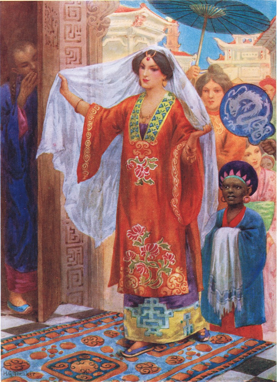 A hercegnő útban a fürdő felé, illusztráció a "Gyermekmesék az Ezeregyéjszaka történeteiből" című könyvből, Rose Yeatman Woolf, 1920 körül (színes litográfia). alkotó: Harry George Theaker