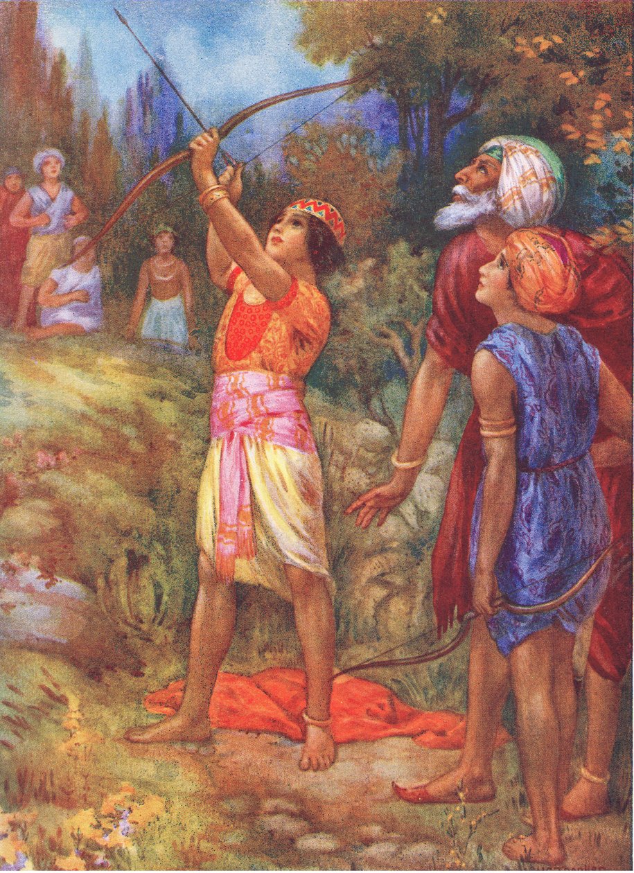 "Akkor kiálts - kiáltotta az öregember vonakodva. A kalandvágyó testvérekből, illusztráció a "Childrens Stories from Indian Legends" című kötetből, 1930-as évek (színes litográfia). alkotó: Harry George Theaker
