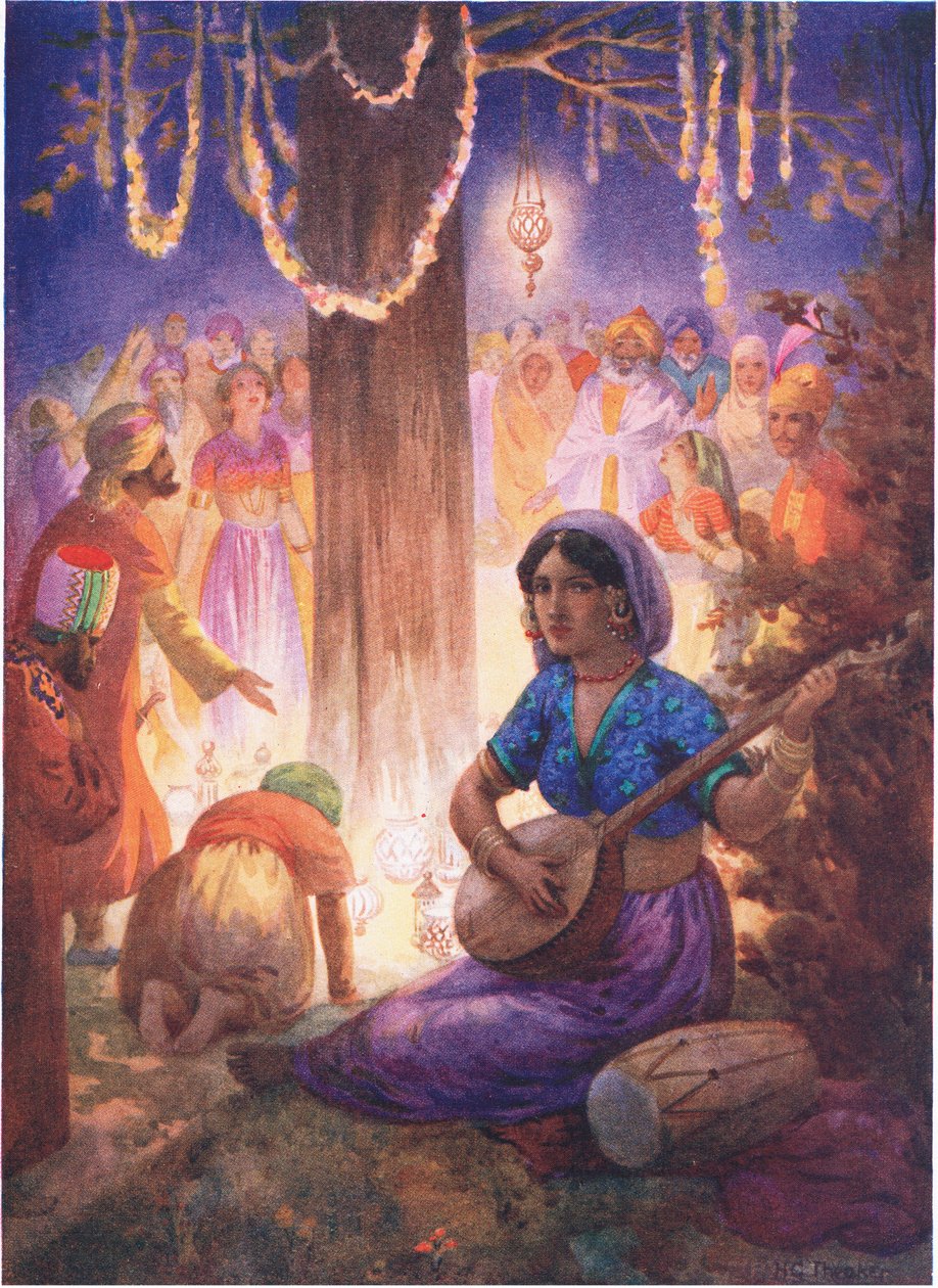 Füzérekkel, lámpákkal és zenével érkeztek. A királyok oszlopáról, illusztráció a "Childrens Stories from Indian Legends" című könyvből, 1930-as évek (színes litográfia). alkotó: Harry George Theaker