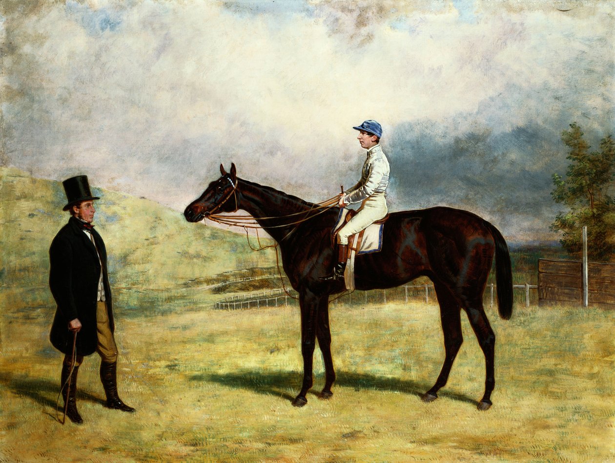 Egy úriember versenylován Jockey-val egy versenypályán, 1863 alkotó: Harry Hall