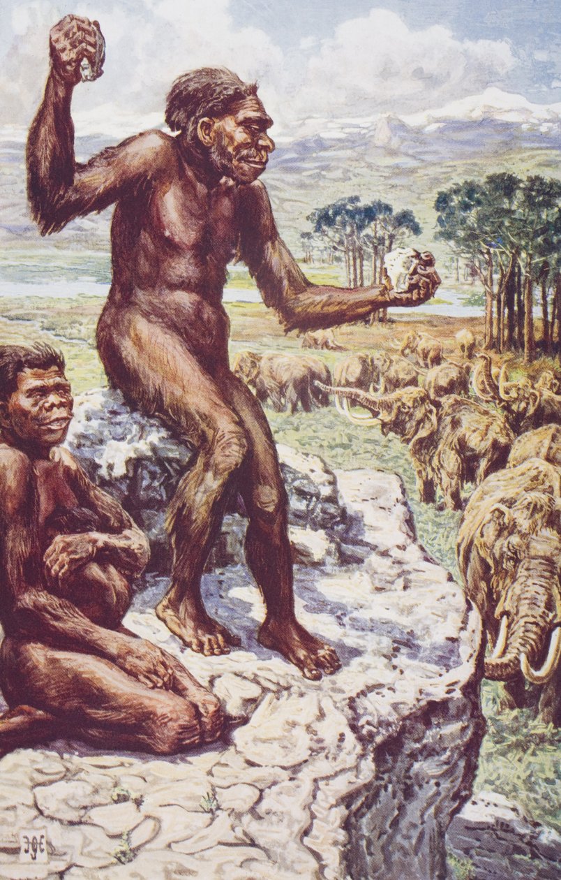 Neanderthal Mankind, illusztráció H.G. Wells „The Outline of History” című művéből, I. kötet, 1920-ban (színes litho) alkotó: Harry Hamilton (after) Johnston