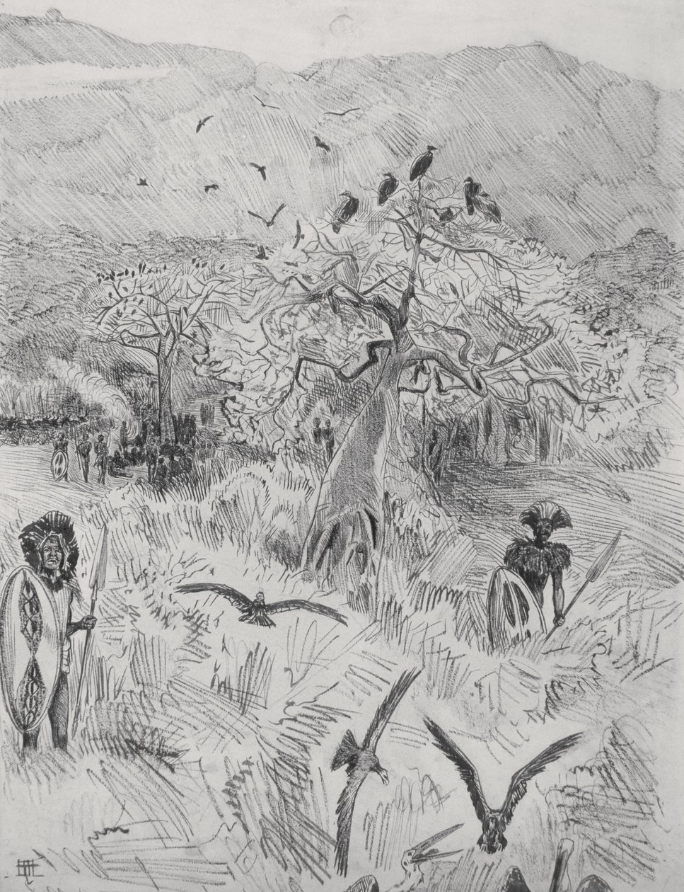 Masai tábor, 1884 körül (toll papíron) alkotó: Harry Hamilton Johnston