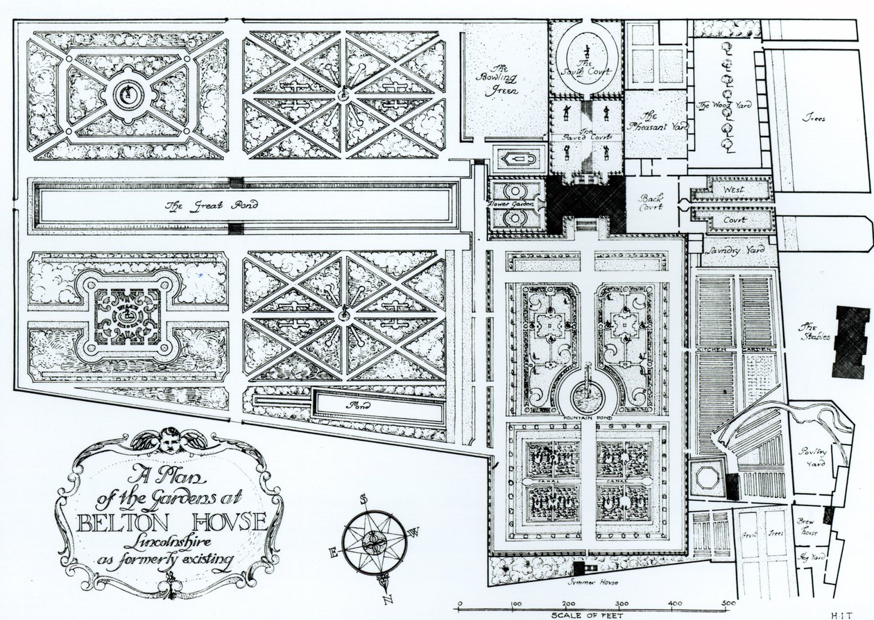 A Lincolnshire állambeli Belton House kertjeinek terve, ahogy korábban létezett, 1900 körül alkotó: Harry Inigo Triggs