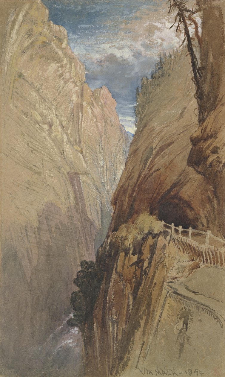 Via Mala, Svájc, 1854, (wc és testszín szürke papíron) alkotó: Harry John Johnson