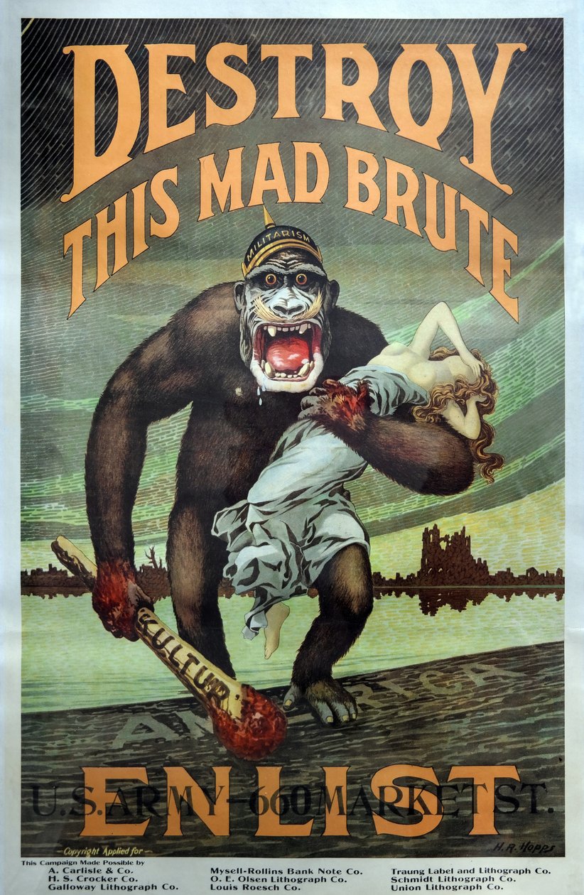 Az első világháborús amerikai katonai toborzási kampány "Pussold el ezt az őrült brutát – sorozd be" kocsma. 1917 alkotó: Harry R. Hopps