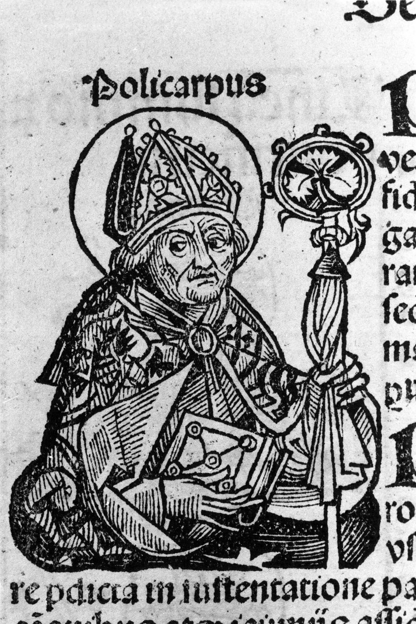 Szmirnai Szent Polikárp portréja (kb. 69-155), eveque. Metszet Schedel Hartmann (1440-1514) „Nürnbergi krónikáiból” alkotó: Hartmann Schedel