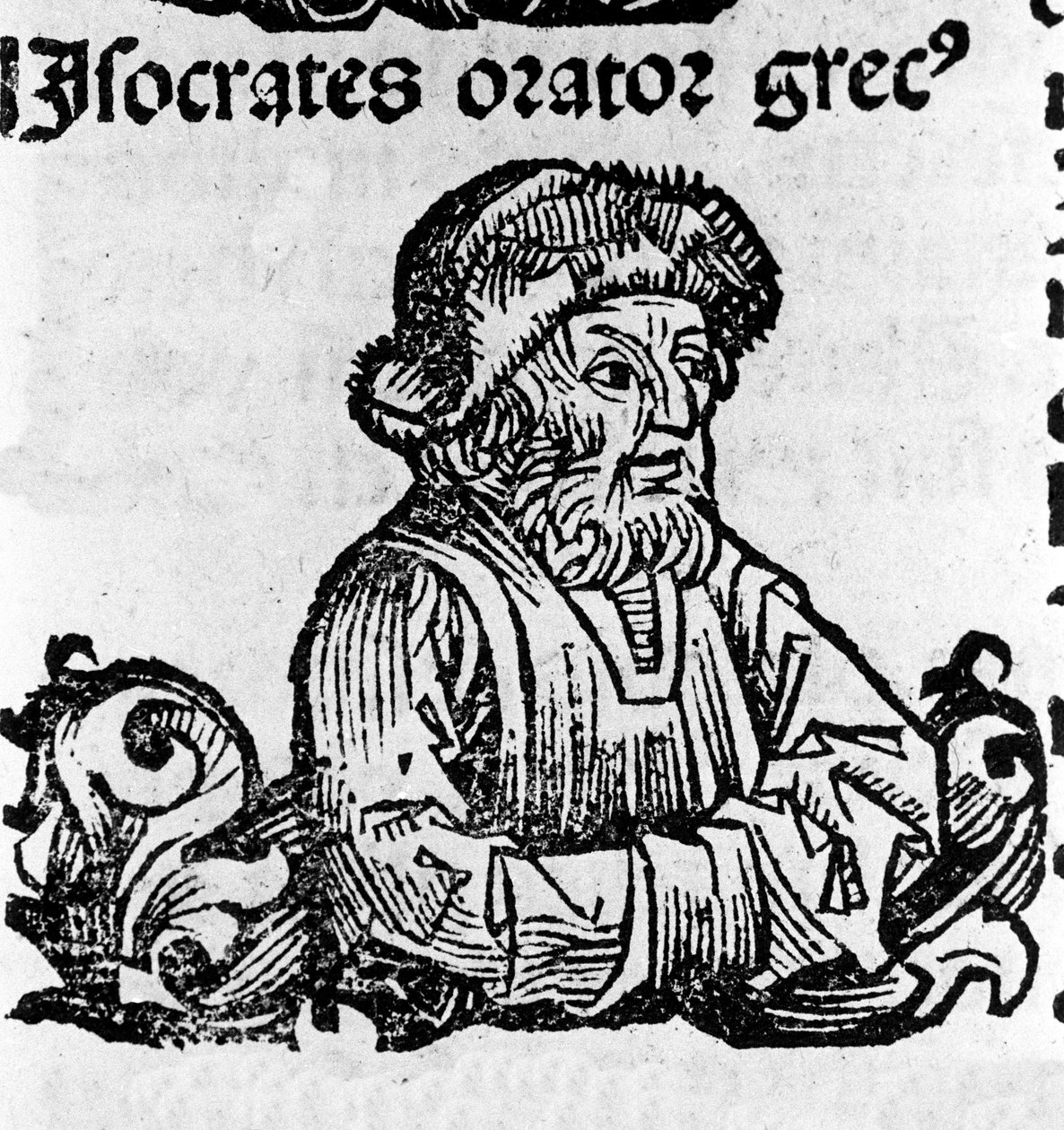 A padláson beszélő Isorate (i. e. 436-338) portréja. A „Nürnbergi krónikák” xilográfiája, Hartmann Schedel alkotó: Hartmann Schedel